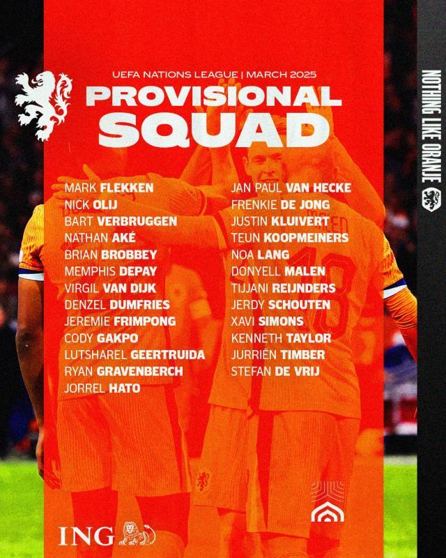 海洋之神·hy590-荷兰公布新一期大名单：德利赫特和齐尔克泽落选